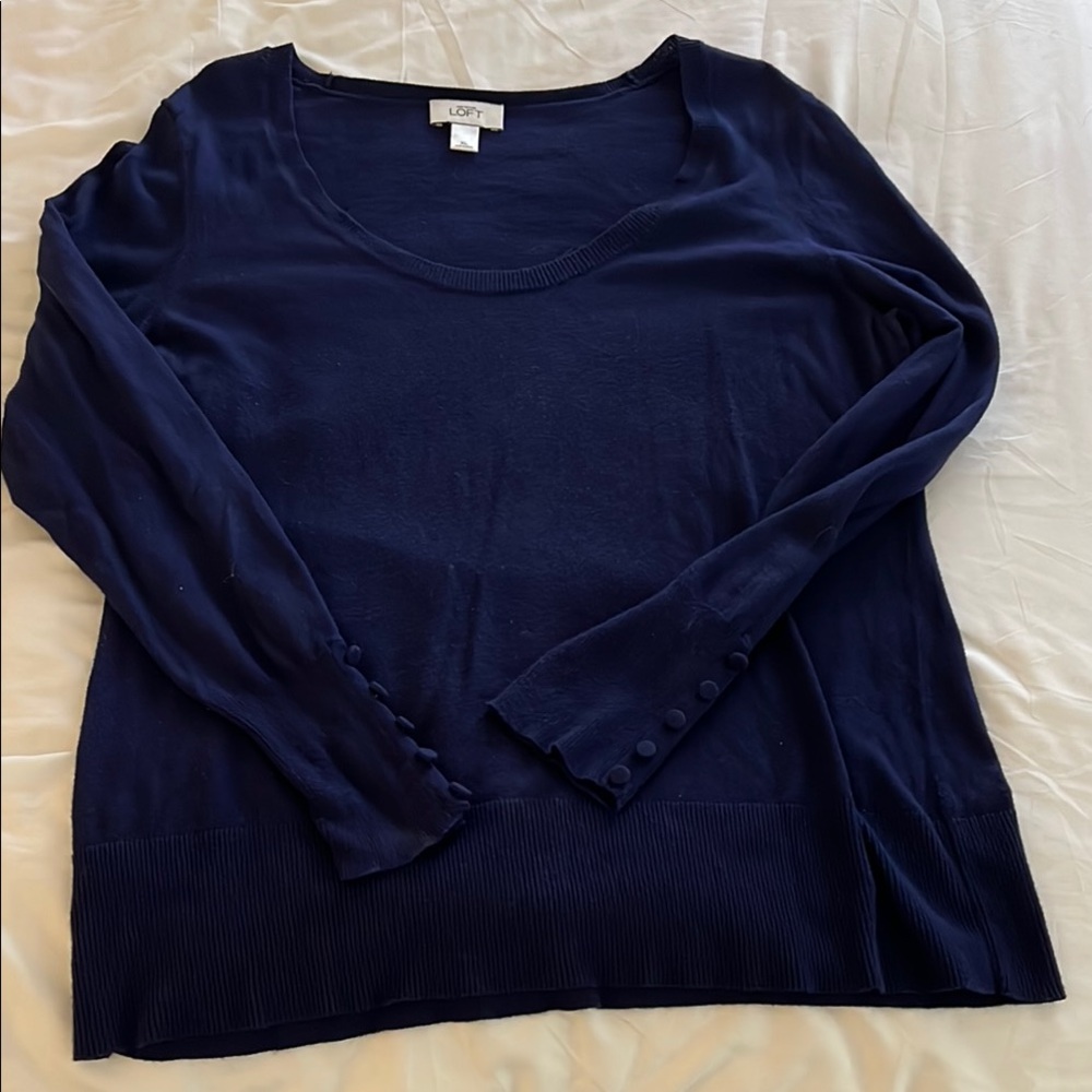 LOFT Deep Scoop Neck Sweater Navy Blue Lightweight with buttons on cuffs